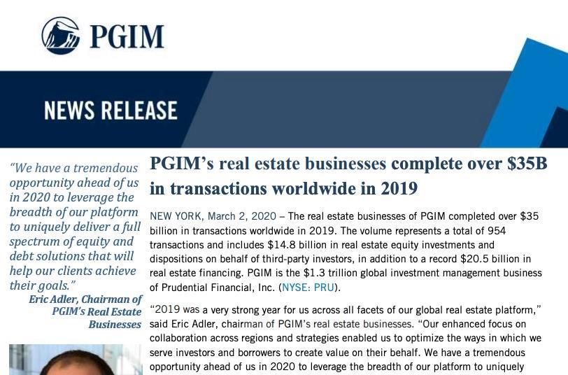 Pgim S Real Estate Businesses Complete Over 35b In Transactions Worldwide In 2019 Pgim Real Estate Homepage Reference Hub
