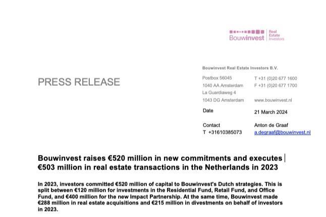 Bouwinvest €520 miljoen aan nieuwe verplichtingen en uitvoering €503 miljoen aan vastgoedtransacties in Nederland in 2023 |  Bouwinvest Vastgoedbeleggers