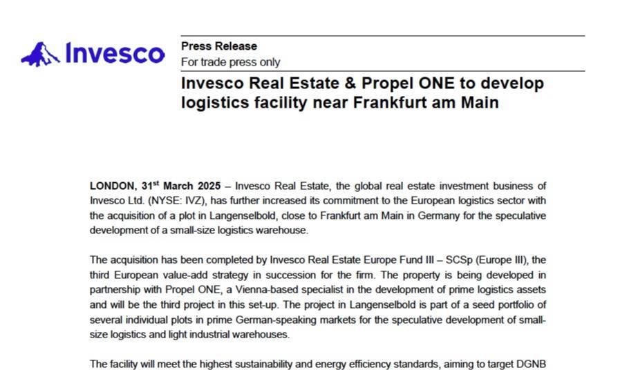 Invesco Real Estate & Propel ONE to develop logistics facility near ...