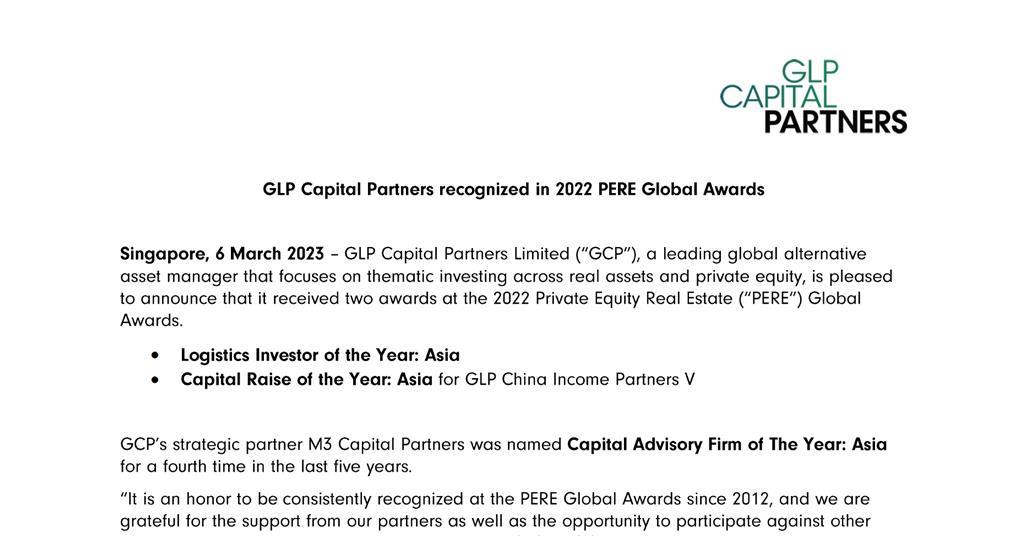GLP Capital Partners recognized in 2022 PERE Global Awards GLP
