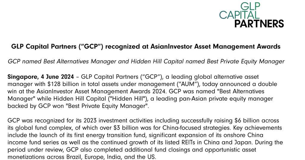 GLP Capital Partners (“GCP”) recognized at AsianInvestor Asset ...