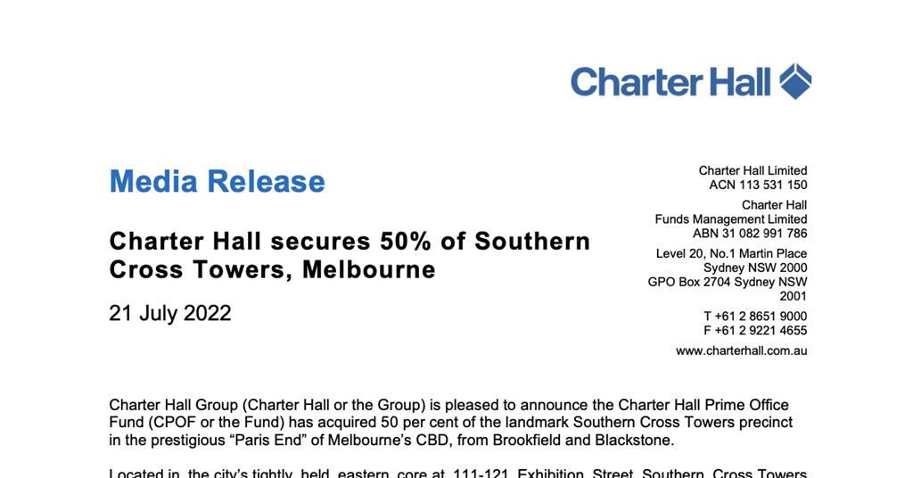 Charter Hall secures 50 of Southern Cross Towers, Melbourne Charter