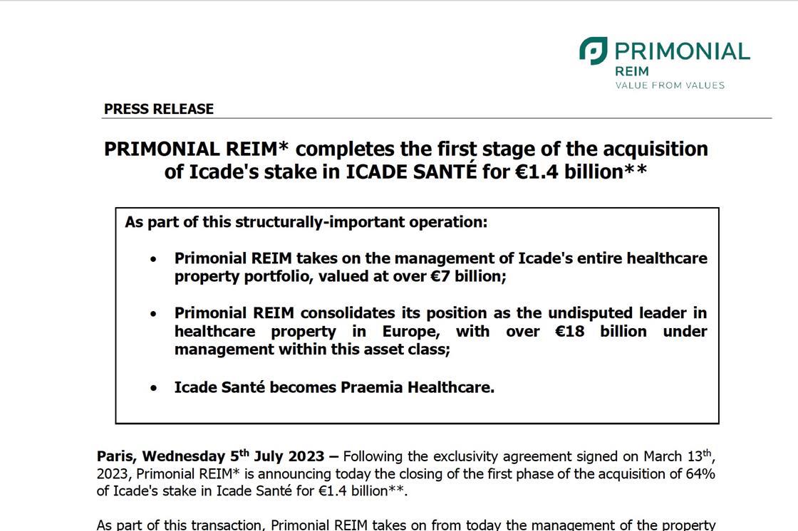 Primonial Reim Completes The First Stage Of The Acquisition Of Icades Stake In Icade SantÉ For 