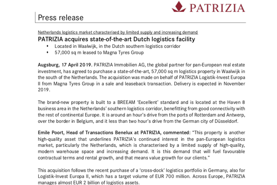 Patrizia Acquires State Of The Art Dutch Logistics Facility Patrizia Ag Real Estate Reference Hub