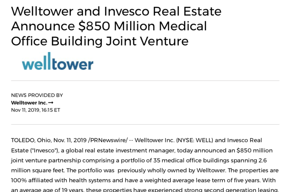 Welltower And Invesco Real Estate Announce 850 Million Medical Office Building Joint Venture Invesco Real Estate Us Reference Hub