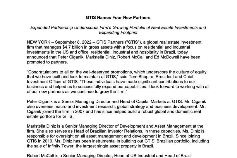 GTIS Names Four New Partners, GTIS Partners (Real Estate - North America)