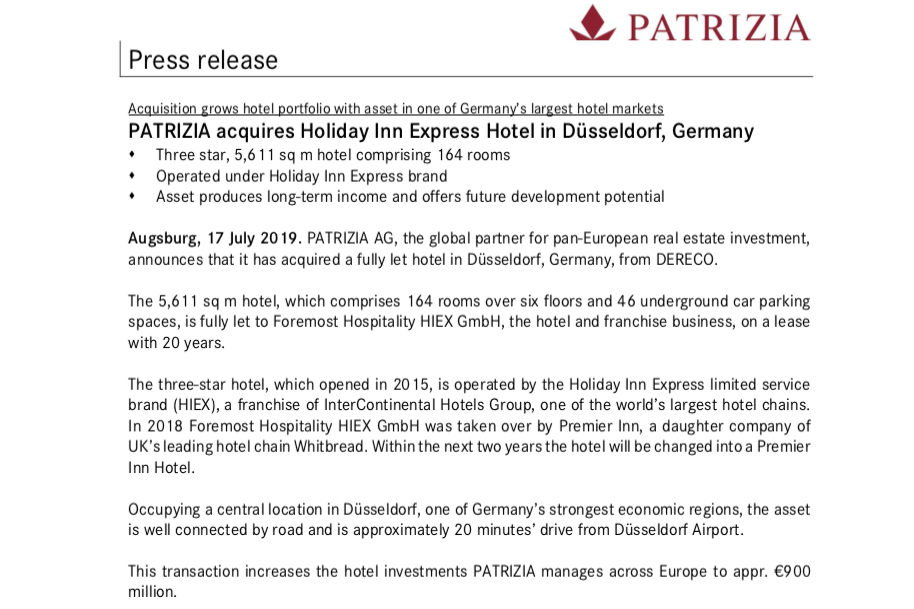 Patrizia Acquires Holiday Inn Express Hotel In Dusseldorf Germany Patrizia Ag Real Estate Reference Hub