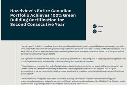 Hazelview’s Entire Canadian Portfolio Achieves 100% Green Building Certification for Second Consecutive Year