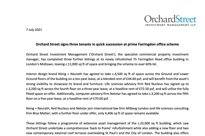 Orchard Street signs three tenants in quick succession at prime Farringdon office scheme