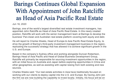 Barings Continues Global Expansion With Appointment of John Ratcliffe as Head of Asia Pacific Real Estate