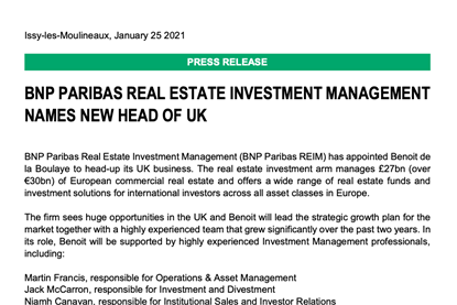 BNP Paribas Real Estate Investment Management Names New Head Of UK