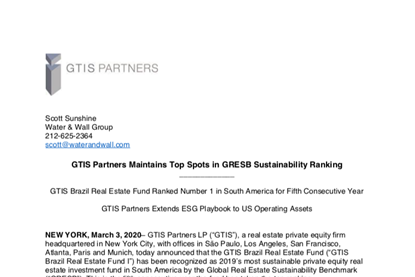 GTIS Partners Maintains Top Spots in GRESB Sustainability Ranking