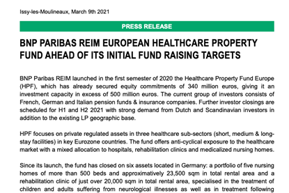BNP Paribas REIM European Healthcare Property Fund Ahead Of Its Initial Fund Raising Targets
