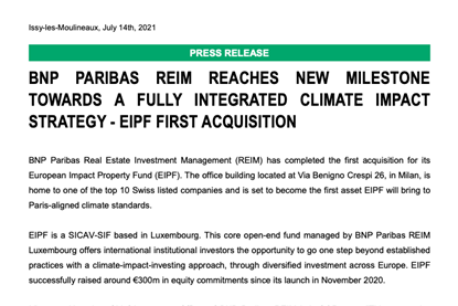 BNP Paribas REIM Reaches New Milestone Towards A Fully Integrated Climate Impact Strategy - EIPF First Acquisition