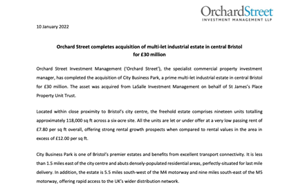Orchard Street completes acquisition of multi-let industrial estate in central Bristol for £30 million