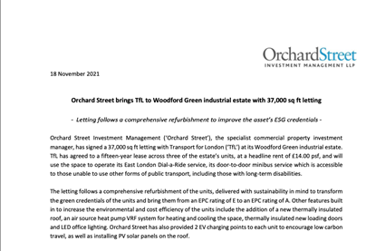 Orchard Street brings TfL to Woodford Green industrial estate with 37,000 sq ft letting