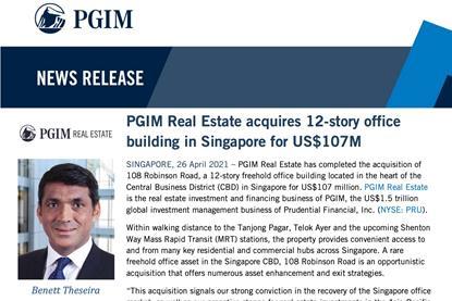 PGIM Real Estate acquires 12-story office building in Singapore for US$107M