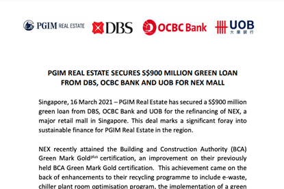 PGIM Real Estate Secures S$900 Million Green Loan From DBS, OCBC Bank And UOB For NEX Mall
