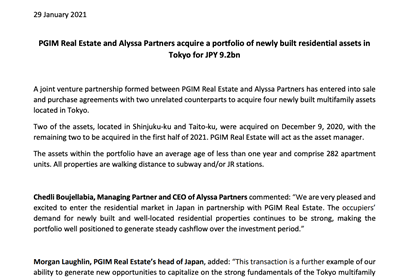 PGIM Real Estate and Alyssa Partners acquire a portfolio of newly built residential assets in Tokyo for JPY 9.2bn