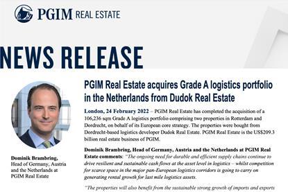 PGIM Real Estate acquires Grade A logistics portfolio in the Netherlands from Dudok Real Estate