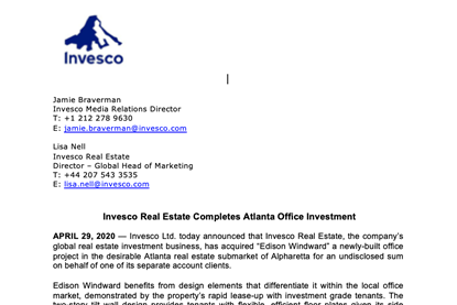 Invesco Real Estate Completes Atlanta Office Investment