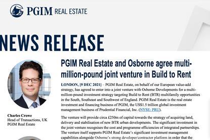 PGIM Real Estate and Osborne agree multimillion-pound joint venture in Build to Rent