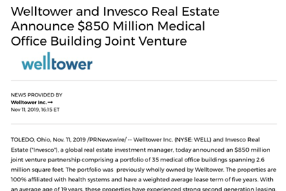 Welltower and Invesco Real Estate Announce $850 Million Medical Office Building Joint Venture