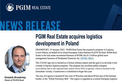 PGIM Real Estate acquires logistics development in Poland