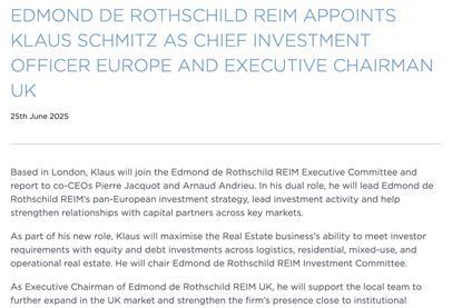 Edmond de Rothschild REIM appoints Klaus Schmitz as Chief Investment Officer Europe and Executive Chairman UK