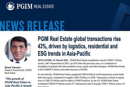 PGIM Real Estate global transactions rise 43%, driven by logistics, residential and ESG trends in Asia-Pacific