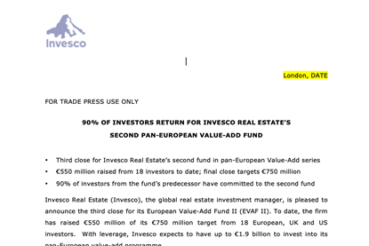 90% Of Investors Return For Invesco Real Estate’s Second Pan-European Value-Add Fund
