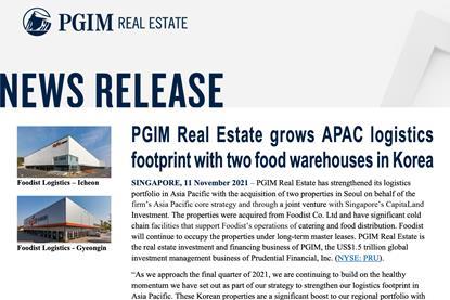 PGIM Real Estate grows APAC logistics footprint with two food warehouses in Korea
