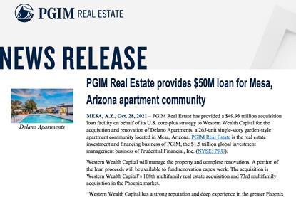 PGIM Real Estate provides $50M loan for Mesa, Arizona apartment community