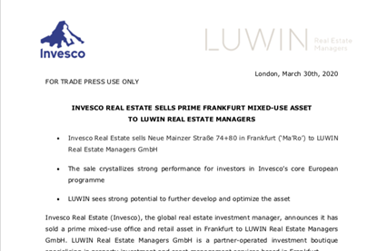 Invesco Real Estate Sells Prime Frankfurt Mixed-Use Asset To Luwin Real Estate Managers
