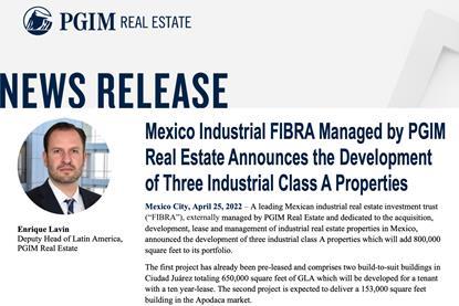 Mexico Industrial FIBRA Managed by PGIM Real Estate Announces the Development of Three Industrial Class A Properties