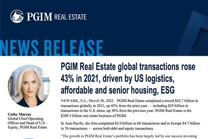 PGIM Real Estate global transactions rose 43% in 2021, driven by US logistics, affordable and senior housing, ESG