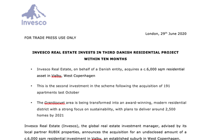 Invesco Real Estate Invests In Third Danish Residential Project Within Ten Months
