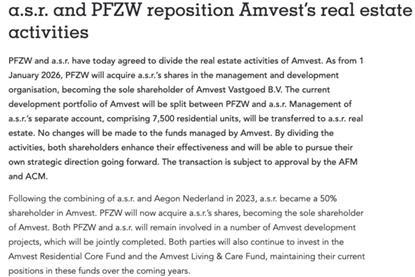a.s.r. and PFZW reposition Amvest’s real estate activities