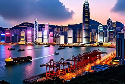 hong kong port at dusk, photo realistic