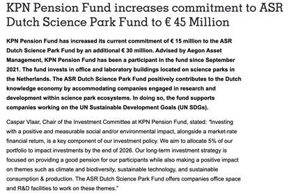 KPN Pension Fund increases commitment to ASR Dutch Science Park Fund to € 45 Million