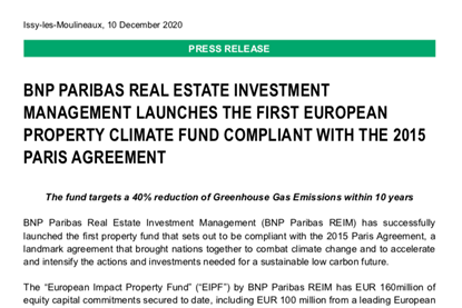 BNP Paribas Real Estate Investment Management Launches The First European Property Climate Fund Compliant With The 2015 Paris Agreement