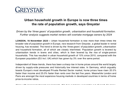 Urban household growth in Europe is now three times the rate of population growth, says Greystar