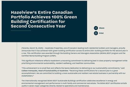 Hazelview’s Entire Canadian Portfolio Achieves 100% Green Building Certification for Second Consecutive Year