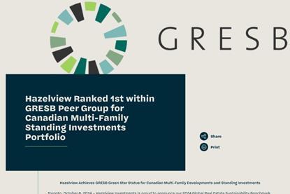 Hazelview Ranked 1st within GRESB Peer Group for Canadian Multi-Family Standing Investments Portfolio