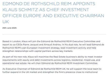 Edmond de Rothschild REIM appoints Klaus Schmitz as Chief Investment Officer Europe and Executive Chairman UK