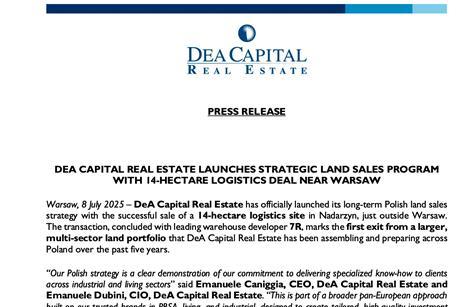Dea Capital Real Estate Launches Strategic Land Sales Program With 14-Hectare Logistics Deal Near Warsaw