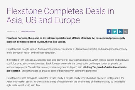 Flexstone Completes Deals in Asia, US and Europe